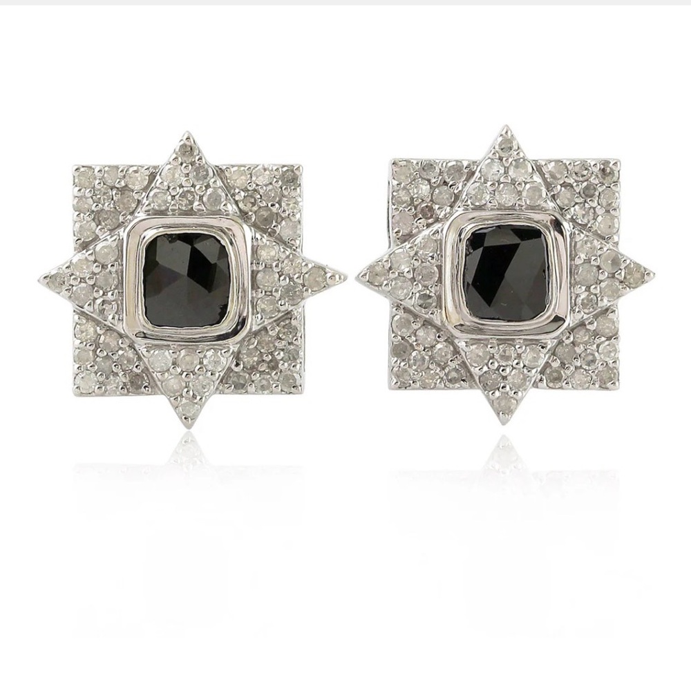 14k White Gold Star Halo Stud Earrings with Black Center Stones and Diamons